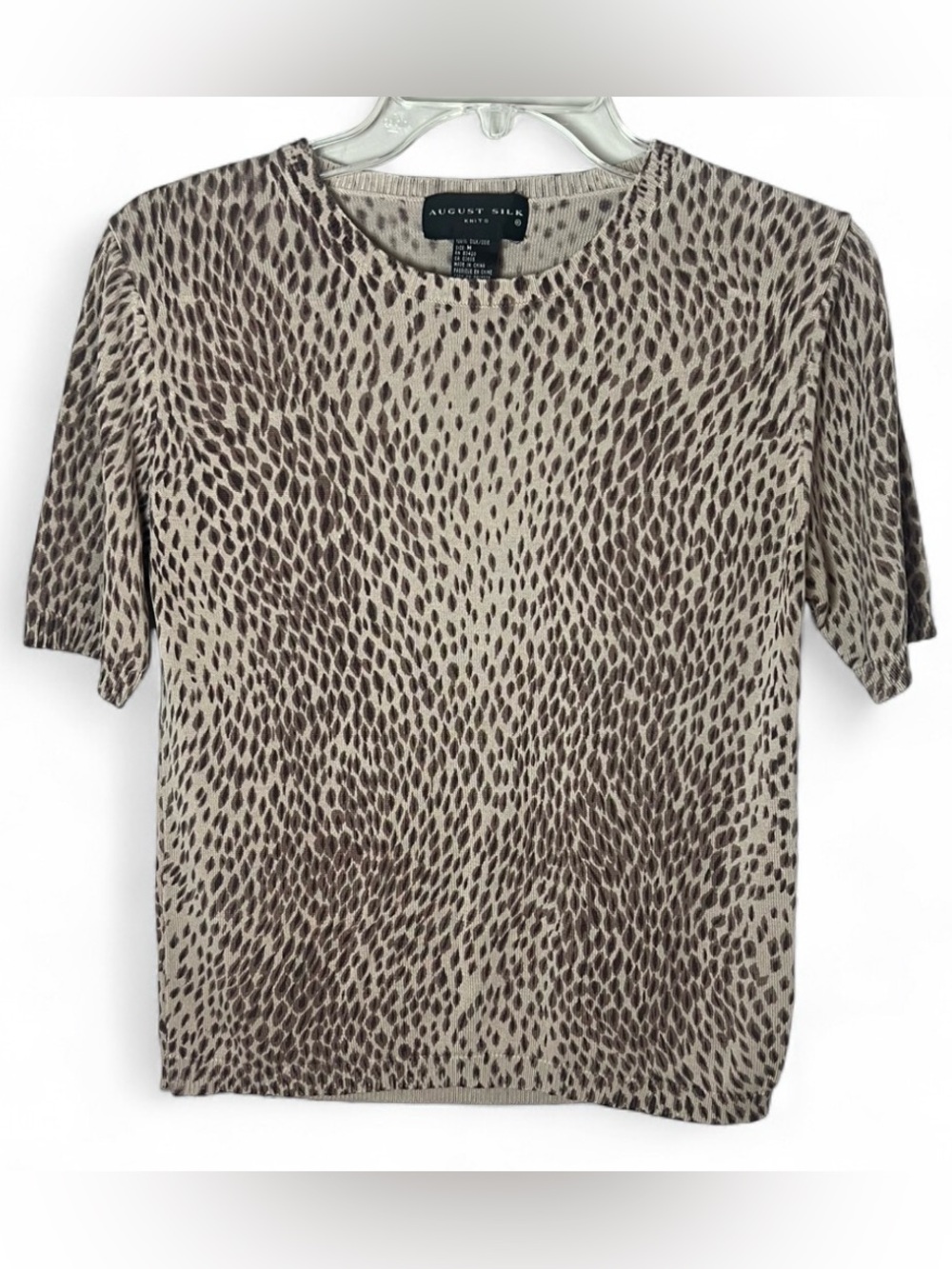 August Silk 100% Silk Animal Cheetah Deer Print Short Knit Sweater Career Sz M